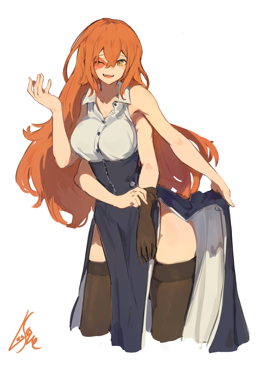 1girl :d bare_shoulders blue_skirt breasts brown_gloves brown_legwear collared_shirt contrapposto cropped_legs extra_arms gloves hair_between_eyes hand_up high-waist_skirt highres lansane large_breasts long_hair looking_at_viewer multiple_arms one_eye_closed open_mouth orange_eyes orange_hair original pelvic_curtain quadriri_(lansane) scar shirt side_slit signature simple_background single_glove skirt smile solo thigh-highs very_long_hair white_background wing_collar