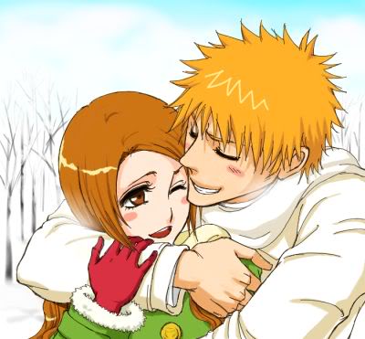 bleach couple hug inoue_orihime kurosaki_ichigo long_hair orange_hair scarf spiky_hair