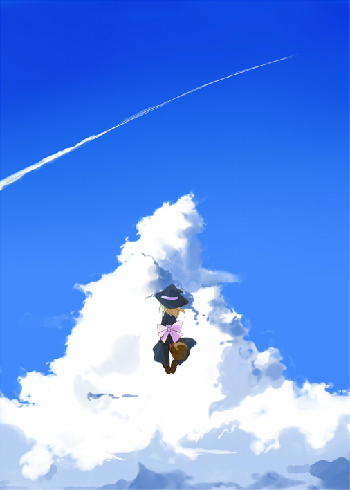 blonde_hair blue_sky bow broom broom_riding cloud clouds condensation_trail from_behind gensoukyou hair_bow hat kirisame_marisa ribbon sky solo taker touhou trail witch witch_hat