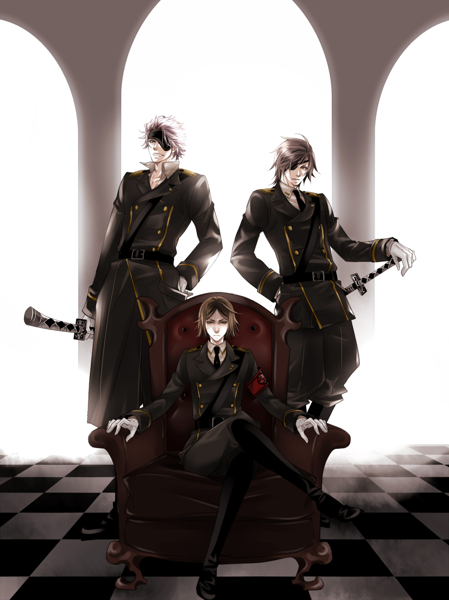 belt brown_hair chair chousokabe_motochika chousokabe_motochika_(sengoku_basara) crossed_legs date_masamune date_masamune_(sengoku_basara) eyepatch grin highres legs_crossed male military military_uniform mizuta_(dada) mouri_motonari multiple_boys necktie pants sengoku_basara sitting smile trench_coat uniform white_hair