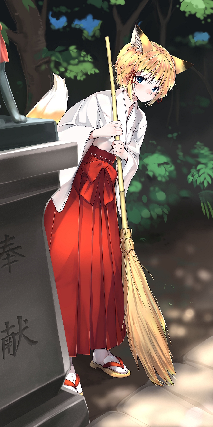 animal_ears bamboo_broom blonde_hair blue_eyes blush broom eyebrows fox_ears fox_tail hair_tie hakama highres inari japanese_clothes leaning looking_at_viewer miko nature original ryou@ryou sandals short_hair solo statue tabi tail tree wide_sleeves