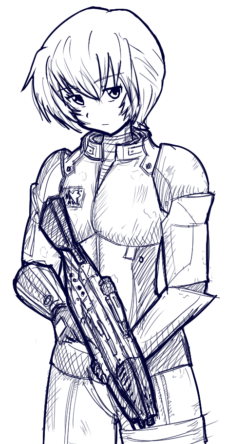 armor assault_rifle ayanami_rei bodysuit crossover drawfag gun mass_effect mikeangel05 monochrome n7_armor neon_genesis_evangelion parody rifle sketch weapon