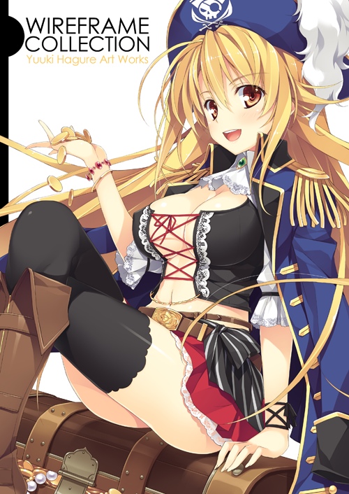 :d arm_support ascot black_legwear blonde_hair boots bracelet breasts chest cleavage coat coat_over_shoulders coin corset cover cover_page crossed_legs doujin_cover epaulettes hat jacket_on_shoulders jewelry jolly_roger knee_boots legs_crossed long_hair looking_at_viewer open_mouth original pirate_hat sample sitting skull_and_crossed_swords smile solo thigh-highs thighhighs treasure_chest yellow_eyes yuuki_hagure