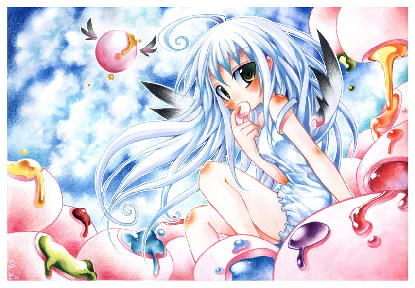 blue_hair blush cloud clouds emperpep long_hair marshmallow solo traditional_media watercolor_(medium) wings yellow_eyes