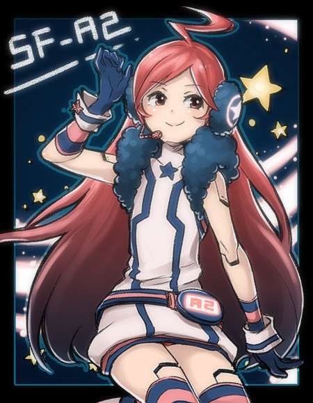 android bad_id belt boots dress earmuffs gloves headphones headset kneehighs long_hair matsuda_suzuri miki_(vocaloid) red_eyes red_hair redhead robot_joints sf-a2_miki smile socks solo star striped striped_gloves striped_kneehighs szr_(leemh) vocaloid wrist_cuffs