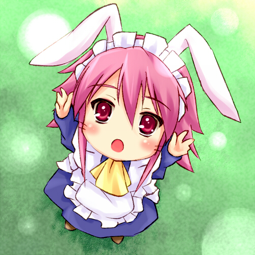 arms_up bunny_ears carry_me chibi from_above hands looking_up lowres maid minigirl outstretched_arms outstretched_hand piku pink_eyes pink_hair rabbit_ears reaching shakugan_no_shana snow sparkle whiskers wilhelmina_carmel