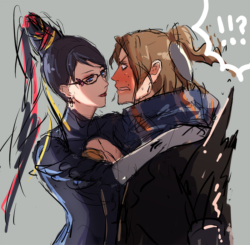 !!? 1boy 1girl amulet bad_id bayonetta bayonetta_(character) black_eyes black_hair blue_eyes blush bodysuit brown_hair cleavage_cutout clenched_teeth couple elbow_gloves eye_contact glasses gloves hair_bun hair_ribbon hand_behind_head hand_on_shoulder jacket lipstick long_hair luka_redgrave mizore_syrup mizoremizore mole nervous ribbon scarf short_hair simple_background sweat very_long_hair