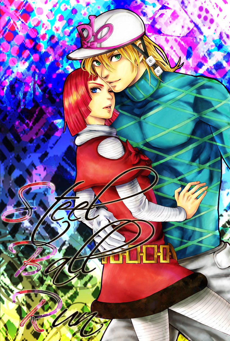 1girl belt blonde_hair blue_eyes couple diego_brando english gloves green_eyes hat hot_pants_(sbr) ichimu jojo_no_kimyou_na_bouken red_hair redhead short_hair skin_tight steel_ball_run sweater wink