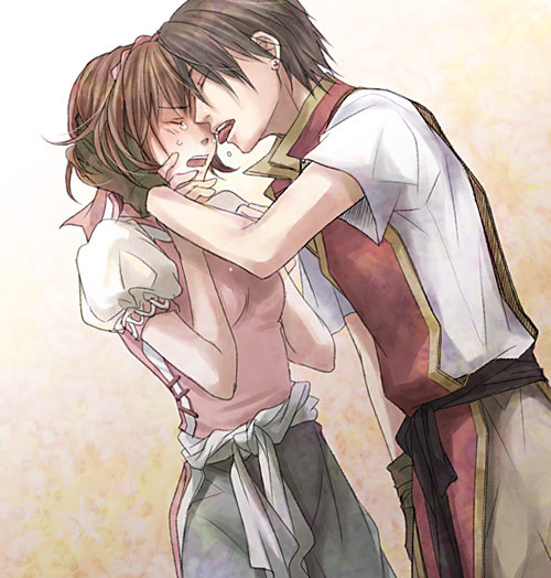 1girl black_hair brown_hair closed_eyes couple earrings gensou_suikoden gensou_suikoden_i gensou_suikoden_ii gloves hand_on_another's_face jewelry licking nanami pants puffy_sleeves sad sgn shirt short_hair suikoden suikoden_ii tears tir_mcdohl tongue