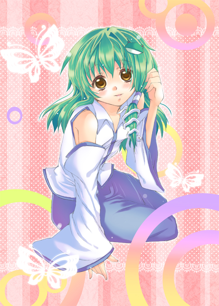 butterfly detached_sleeves frog green_eyes green_hair hair_ornament kochiya_sanae short_hair snake solo touhou uda_makoto yellow_eyes