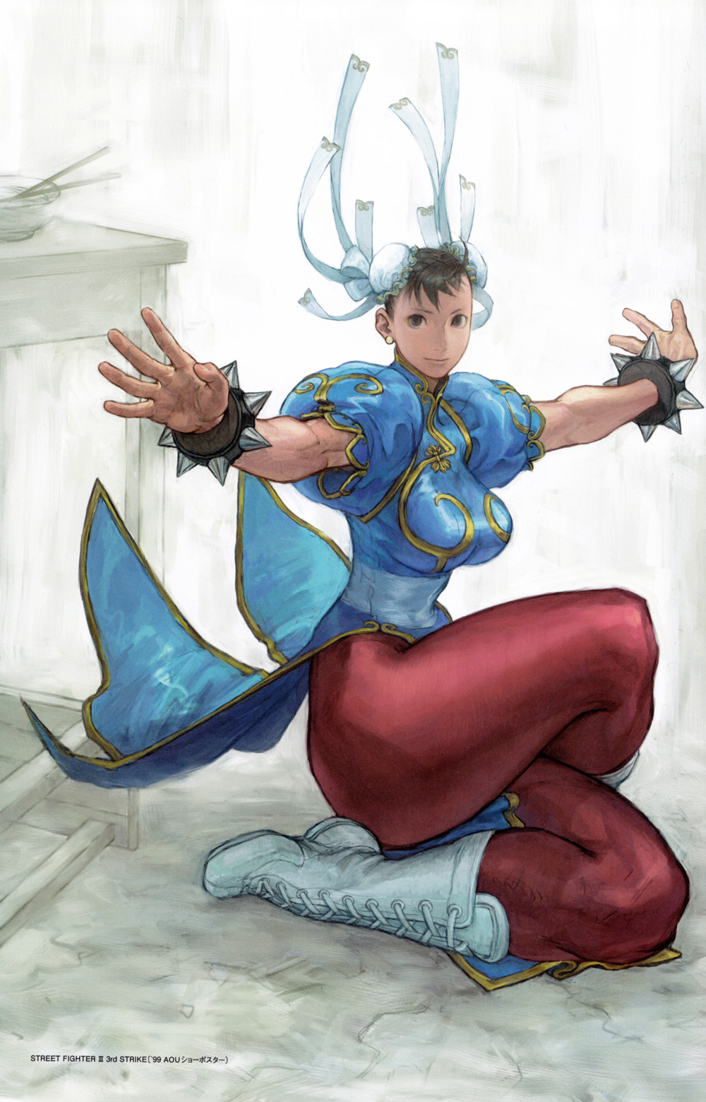 black_eyes black_hair boots bracelet bun_cover capcom chun-li double_bun earrings highres jewelry pantyhose solo spiked_bracelet spikes squatting street_fighter thick_thighs thighs yasuda_akira