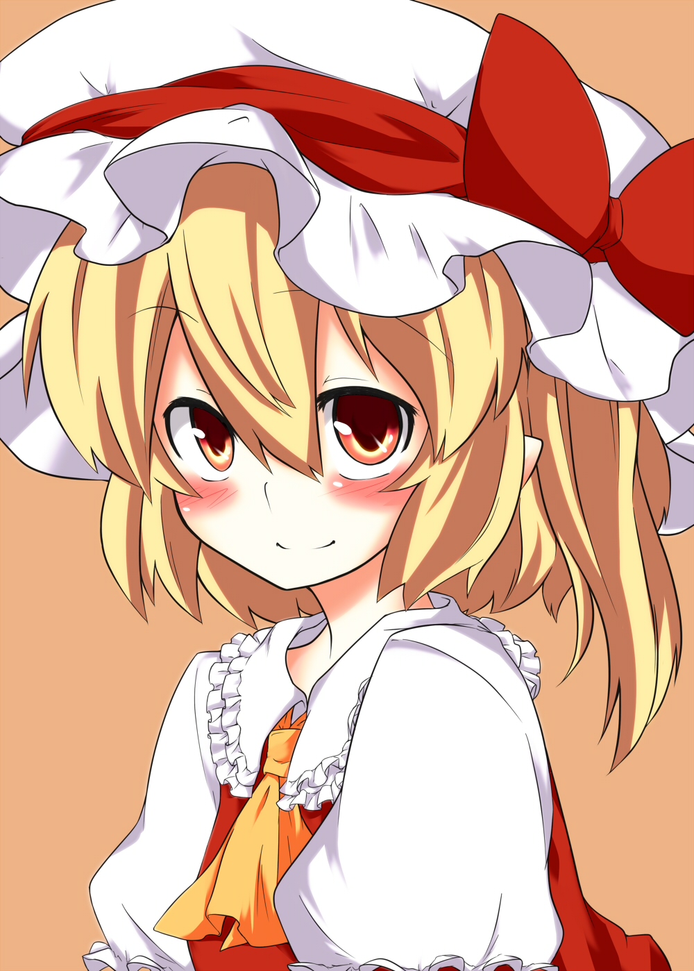 blush colored flandre_scarlet hat highres orange_eyes short_hair side_ponytail smile solo suterii touhou