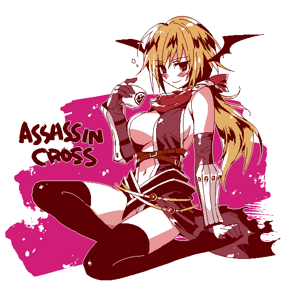 assassin_cross blonde_hair blush breasts brown_eyes drinking elbow_gloves gloves head_wings headwings navel original ragnarok_online simple_background thigh-highs thighhighs wings