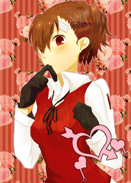 bandage bandages blush brown_hair cosplay female_protagonist_(persona_3) gloves hair_ornament hairclip persona persona_3 persona_3_portable red_eyes sanada_akihiko sanada_akihiko_(cosplay) school_uniform short_hair solo vest ws_(pixiv)