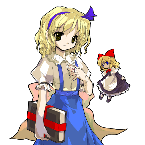 alice_margatroid alice_margatroid_(pc-98) alphes_(style) blonde_hair blue_eyes book bow doll hair_bow hair_ornament hairband multiple_girls parody shanghai_doll string style_parody touhou touhou_(pc-98) yellow_eyes young