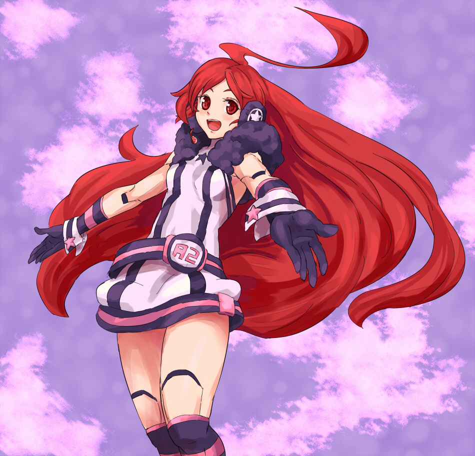 android belt boots dress earmuffs gloves headphones headset kneehighs long_hair miki_(vocaloid) red_eyes red_hair redhead robot_joints sf-a2_miki shiba_murashouji smile socks solo star striped striped_gloves striped_kneehighs vocaloid wrist_cuffs