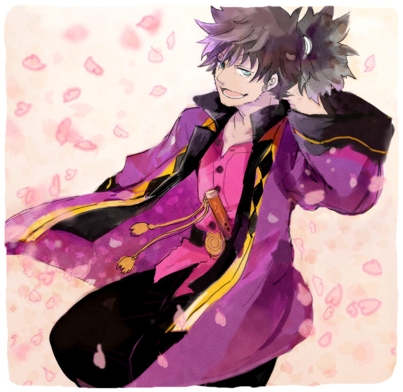 bad_id black_hair green_eyes koku_666 male petals ponytail raven smile solo tales_of_(series) tales_of_vesperia