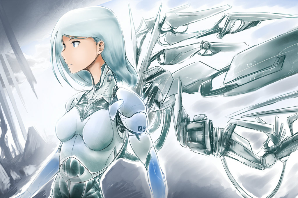 1girl android blue_eyes ex-trident long_hair mecha_musume mechanical_wings original silver_hair solo thrusters wings