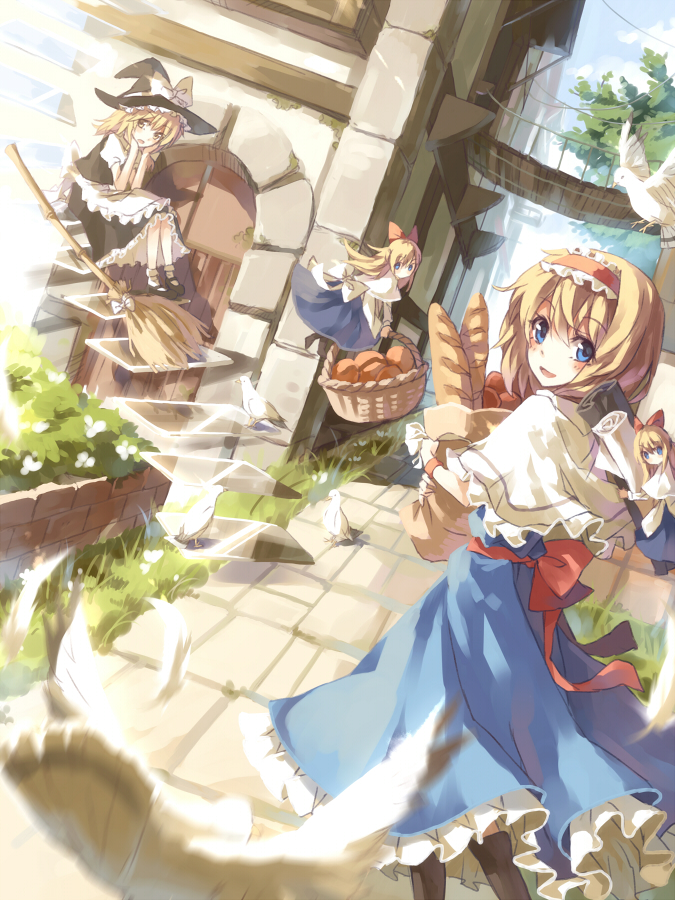 alice_margatroid asuka_(louyun) baguette basket bird blonde_hair blue_eyes bread brick_wall bridge broom broom_riding capelet doll dress food grass hairband hat hat_ribbon holding kirisame_marisa looking_at_viewer multiple_girls ribbon sash scroll shanghai shanghai_doll touhou witch witch_hat