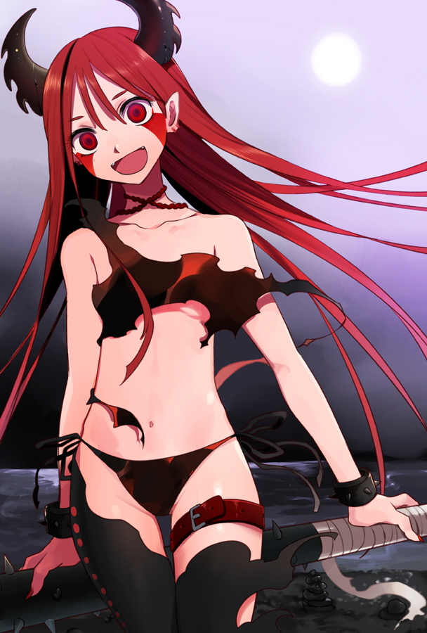 :d bad_id bare_shoulders baseball_bat bat belt black_legwear bracelet collarbone facial_mark flat_chest harano head_tilt horns jewelry long_hair looking_at_viewer moon nail_polish navel necklace open_mouth original panties red_eyes red_hair redhead side-tie_panties smile solo thigh-highs thigh_strap thighhighs torn_clothes underwear weapon