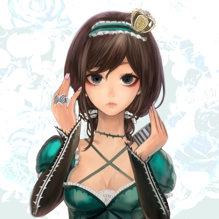 blue_eyes brown_hair bust hairband lips long_hair looking_at_viewer mini_crown nail_polish solo tcb vocaloid white_background