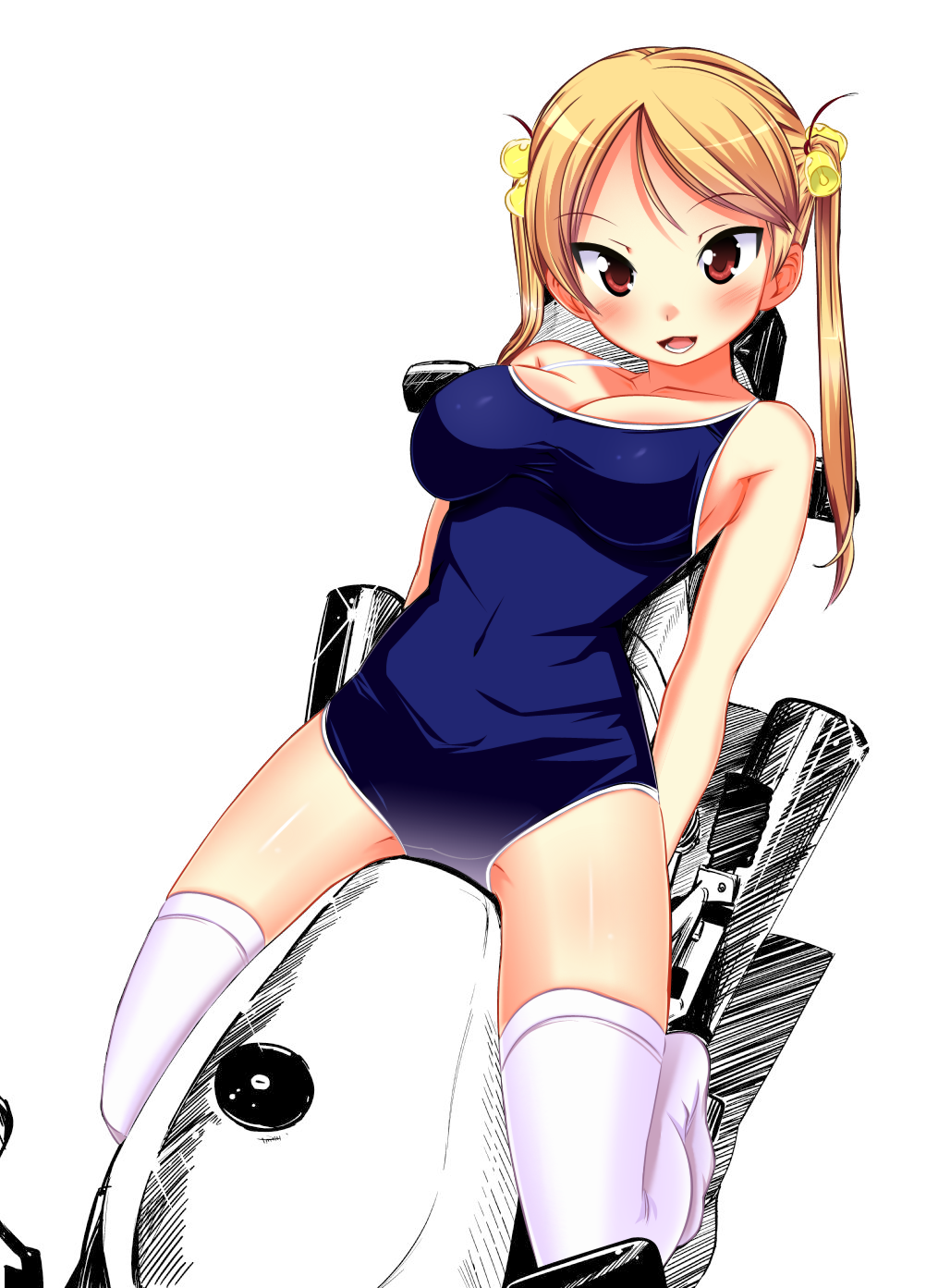 :3 bakuon!! bare_shoulders bell blonde_hair blush breasts cleavage colored exhaust hair_bell hair_ornament highres large_breasts looking_at_viewer motor_vehicle motorcycle one-piece_swimsuit orimoto_mimana red_eyes simple_background smile solo suzuki suzunoki_rin swimsuit thigh-highs thighhighs twintails vehicle white_background white_legwear