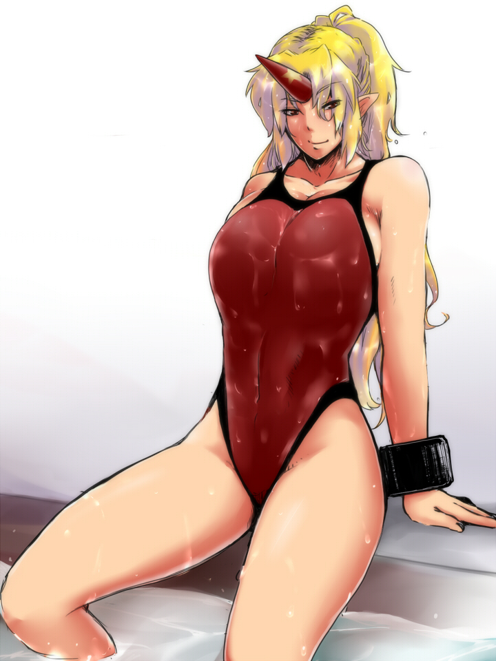 blonde_hair breasts bursting_breasts cleavage competition_swimsuit horn hoshiguma_yuugi huge_breasts long_hair one-piece_swimsuit pointy_ears pool red_eyes shackle solo swimsuit thighs tobisawa touhou