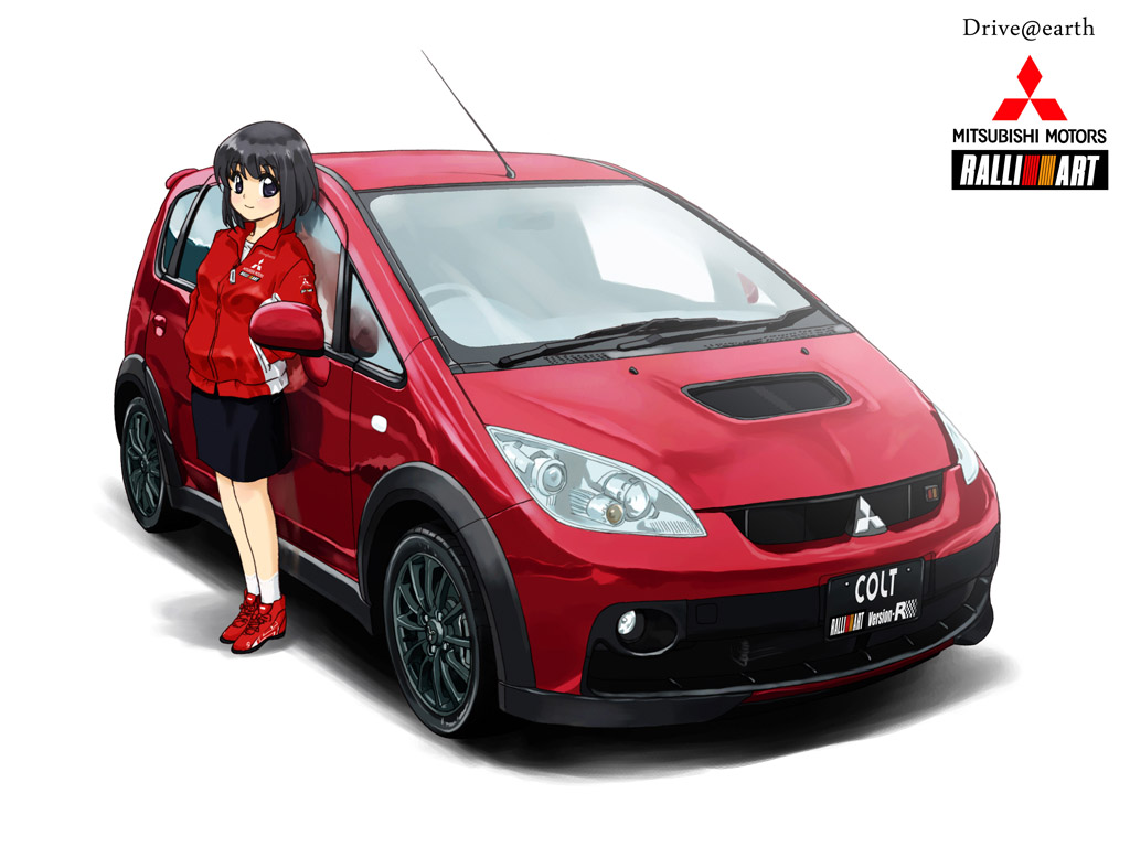 1girl antennae driving_shoes jacket mitsubishi mitsubishi_colt motor_vehicle radio_antenna short_hair skirt smile socks solo tessai vehicle