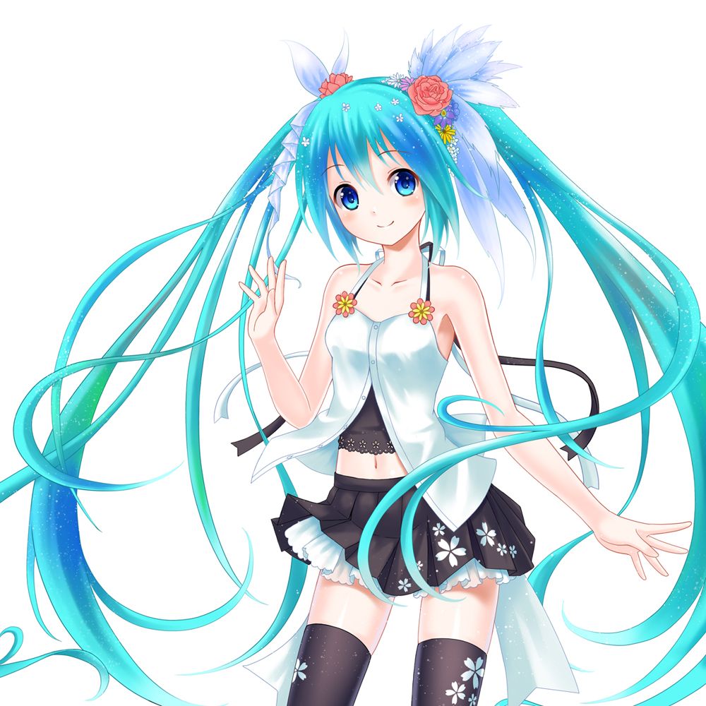 aqua_eyes aqua_hair bare_shoulders flower hair_flower hair_ornament hatsune_miku long_hair navel setona_(daice) simple_background skirt smile solo thigh-highs thighhighs twintails very_long_hair vocaloid white_background