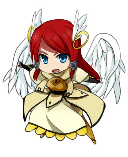 alternate_costume angel_wings armor armored_dress blazblue blue_eyes chibi hair_tubes head_wings long_hair nagato123 red_hair redhead solo tsubaki_yayoi vambraces white_background wings