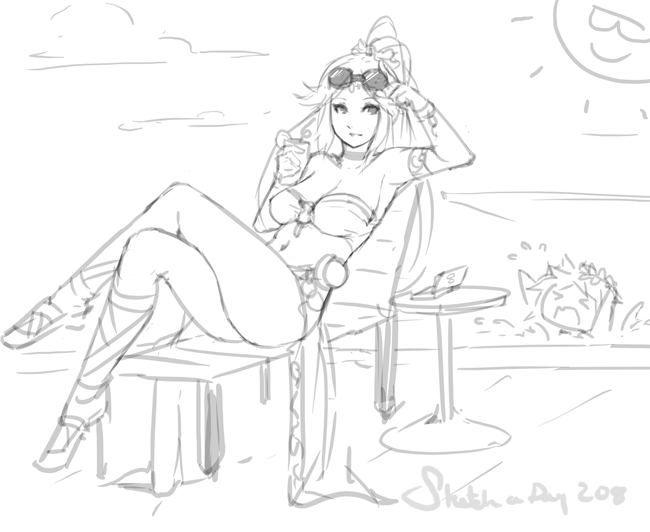 &gt;_&lt; 1girl asphyxiation bikini bracelet breasts choker cleavage cross-laced_sandals crossed_legs drink drowning eu03 jewelry kid_icarus kid_icarus_uprising large_breasts legs_crossed long_hair monochrome navel necklace nintendo nintendo_ds_lite palutena pit pit_(kid_icarus) sarong sitting sketch sunglasses sunglasses_on_head swimsuit