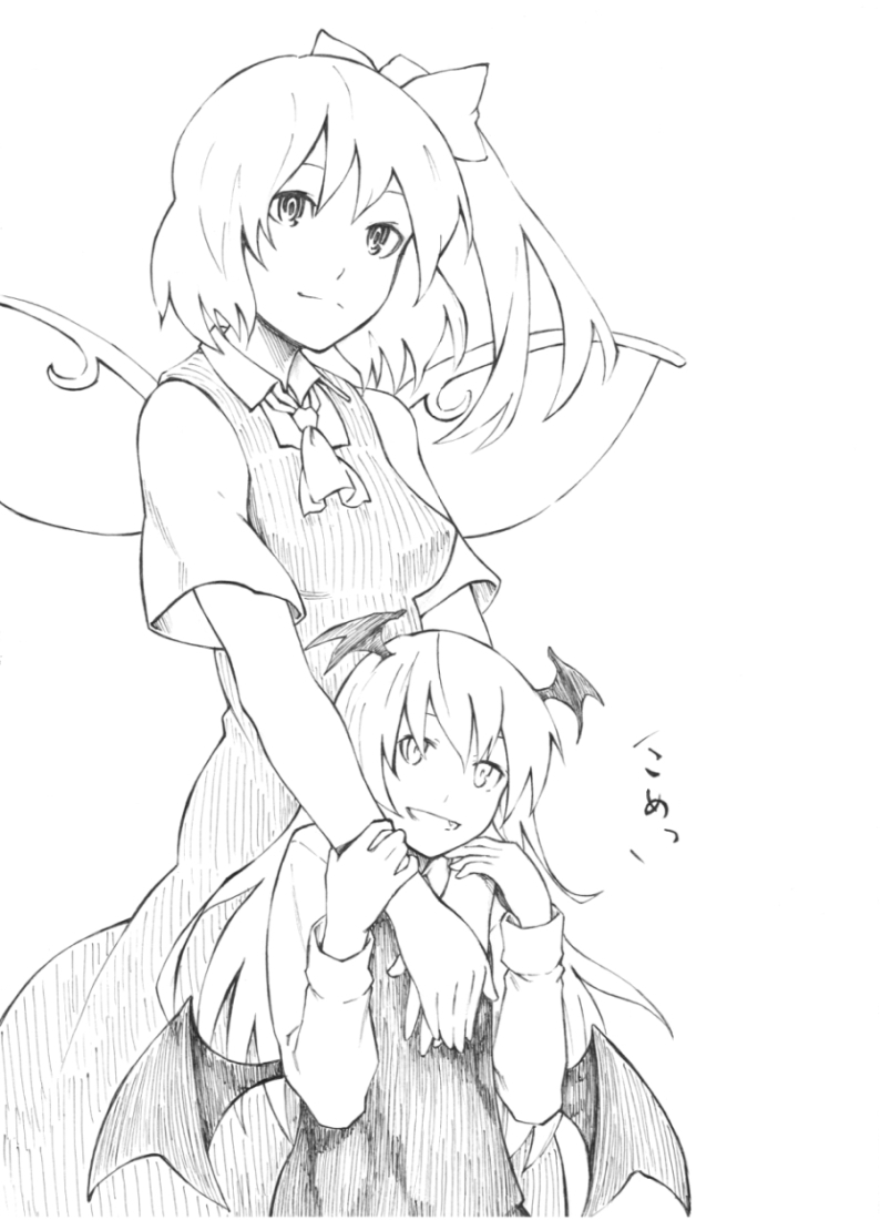 :d adult bat_wings breasts child daiyousei dress fairy_wings grin happy head_wings height_difference hug hug_from_behind koa_(phrase) koakuma long_hair low_wings monochrome multiple_girls open_mouth short_hair side_ponytail smile takeuma touhou v_arms wings young