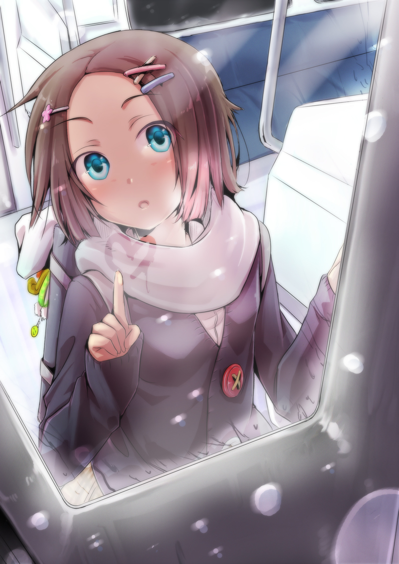 :o against_glass ai_yoru backpack bag blue_eyes blush breath brown_hair coat glass hair_ornament hairclip heart open_mouth original randoseru scarf short_hair snow snowing solo train train_interior