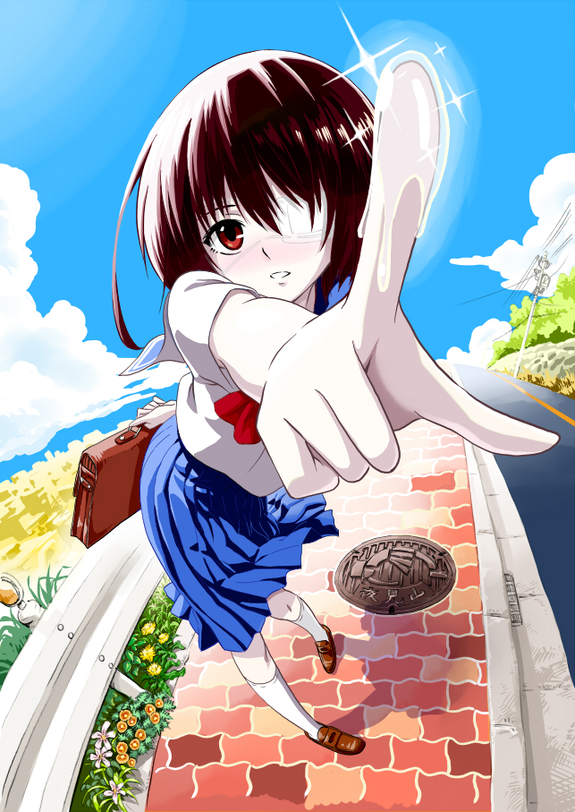 another arm_behind_back bag black_hair blue_sky blush brick cloud clouds cosplay eyepatch fingers fisheye foreshortening guard_rail kneehighs loafers looking_at_viewer misaki_mei nazo_no_kanojo_x parody pleated_skirt pointing pointing_at_viewer pov red_eyes saliva school_bag school_uniform serafuku shoes short_hair skirt sky socks solo street summer telephone_pole urabe_mikoto urabe_mikoto_(cosplay) yamashita_bungo