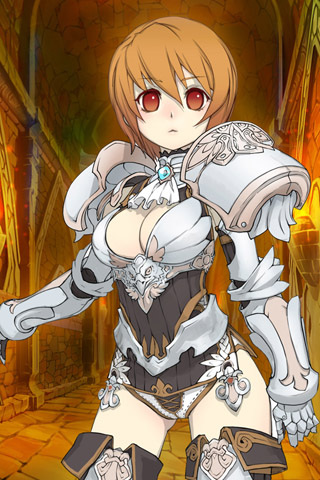 armor boots breasts brooch cat_shi cleavage frown gauntlets hair_between_eyes holding indoors jewelry looking_at_viewer lowres orange_hair pale_skin pauldrons red_eyes short_hair solo standing sword_girls thigh_gap thighs warrior