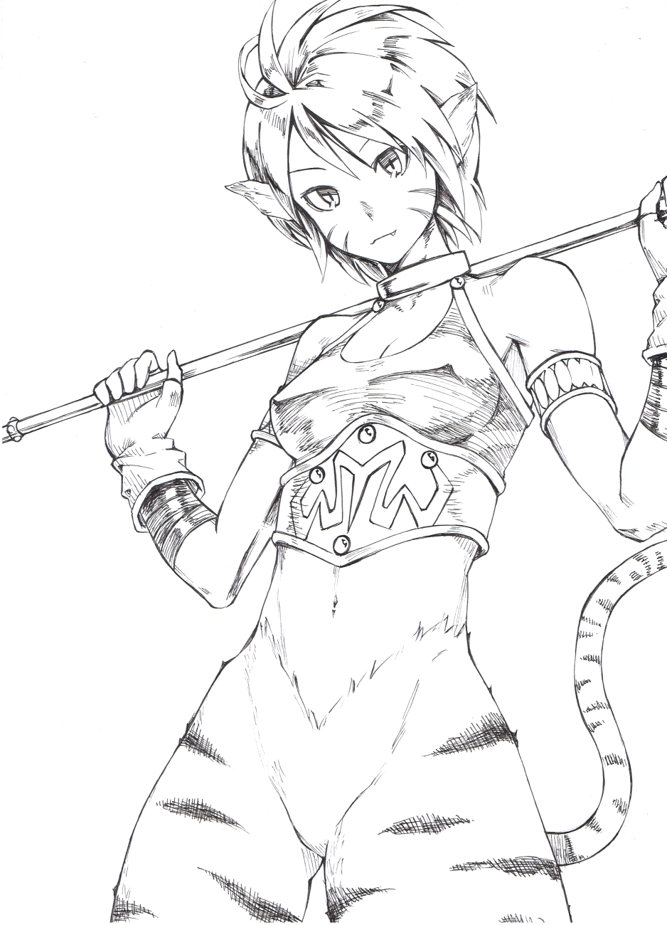 animal_ears breasts breath_of_fire breath_of_fire_ii furry highres looking_at_viewer monochrome rinpoo_chuan solo tail takeuma