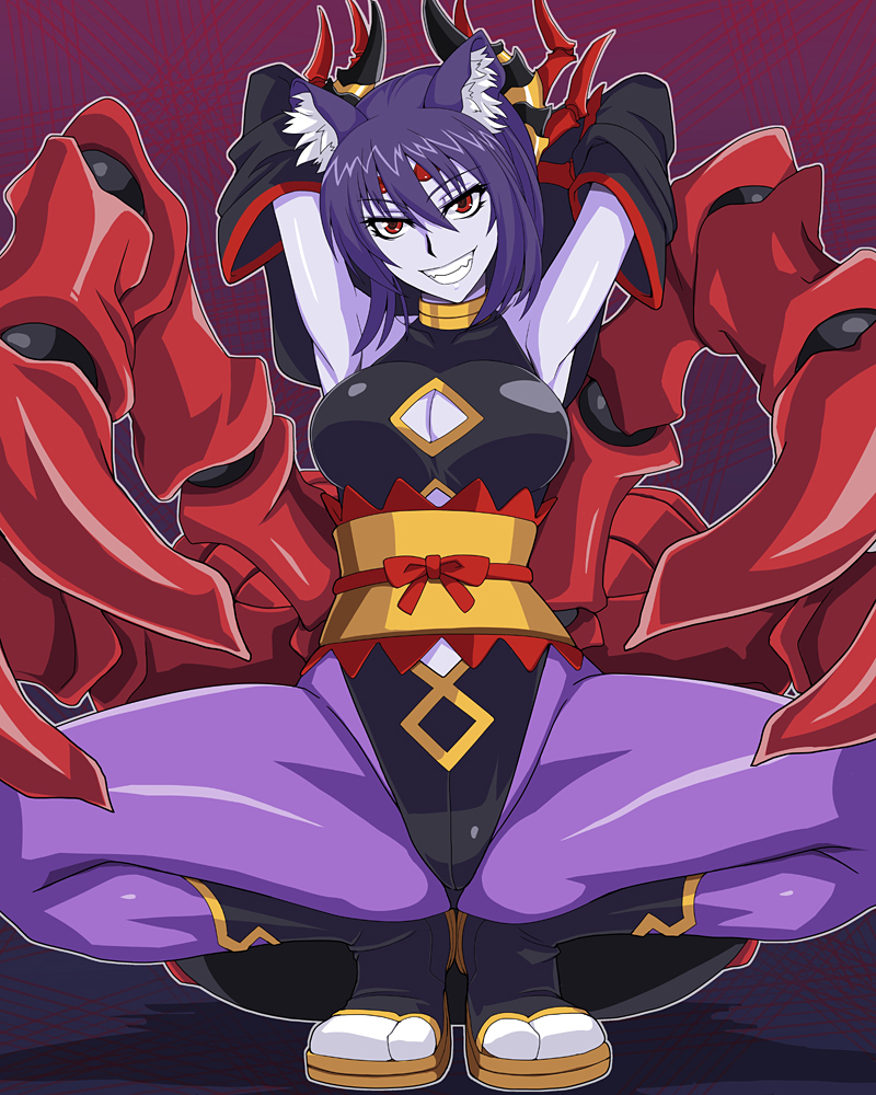 animal_ears arachne_(shinrabanshou) armpits arms_behind_head blue_skin breasts choker cleavage cleavage_cutout detached_sleeves grin horns multiple_eyes oninoe purple_hair sandals shinrabanshou smile solo spider_girl squatting