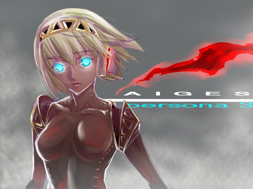 1girl aegis android aqua_eyes blonde_hair blue_eyes breasts dodai_shouji glowing glowing_eyes hairband lips persona persona_3 short_hair solo