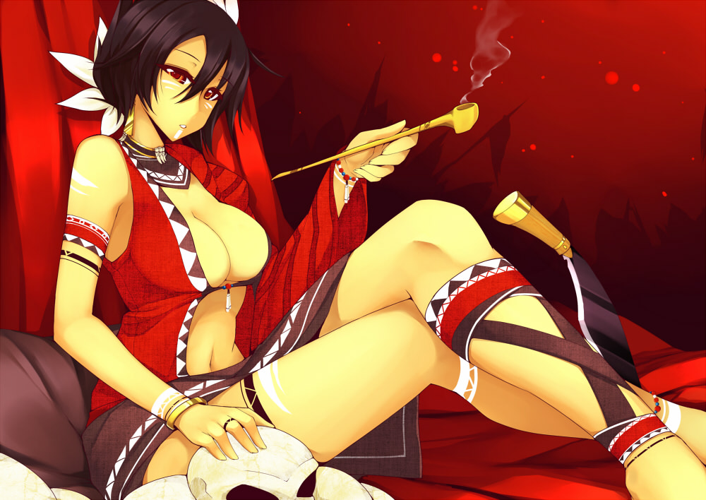 black_hair bracelet breasts cleavage crossed_legs dean facial_mark jewelry kiseru legs_crossed looking_at_viewer navel necklace original pipe red_eyes short_hair sitting skull solo