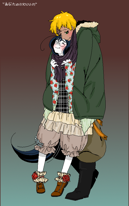 ^_^ ahoge androgynous blush cardigan closed_eyes coat eyes_closed freckles glasses hands_in_pockets happy height_difference hellsing hug hug_from_behind long_hair multiple_girls pixel pixel_art rip_van_winkle scarf shared_coat shared_scarf short_hair smile zorin_blitz