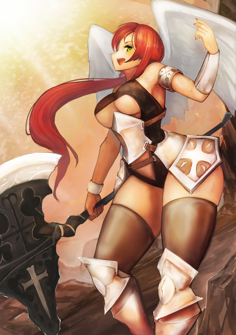 armor axe bare_shoulders black_legwear breasts copyright_request curvy greaves green_eyes long_hair open_mouth profile red_hair redhead solo thick_thighs thigh-highs thighhighs thighs under_boob underboob weapon wings yaoya_musuko