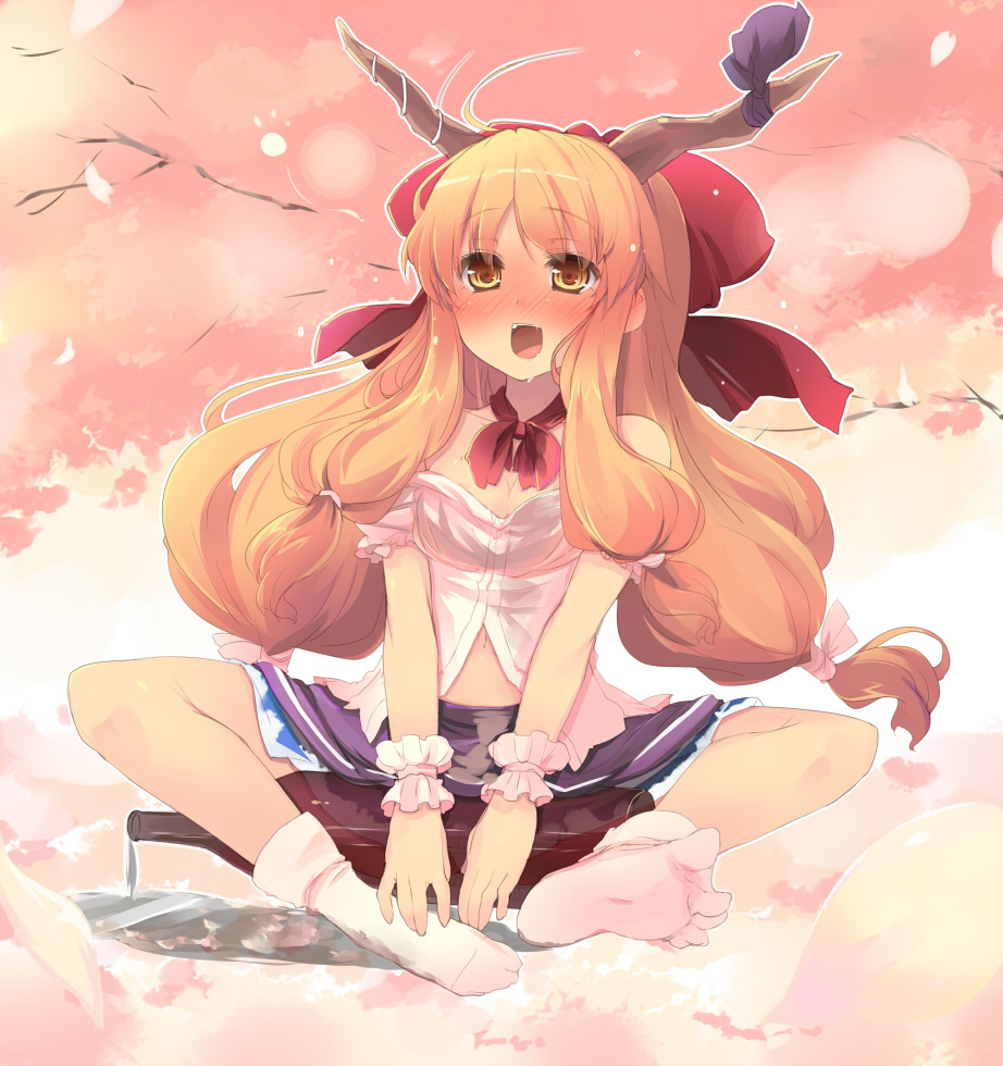 1girl :d blonde_hair blush bottle bow breasts butterfly_sitting cherry_blossoms cleavage drooling drunk feet hair_bow horns ibuki_suika indian_style long_hair navel no_shoes open_mouth petals sake saliva shin_(new) sitting skirt smile socks soles solo spread_toes touhou v_arms very_long_hair wrist_cuffs yellow_eyes