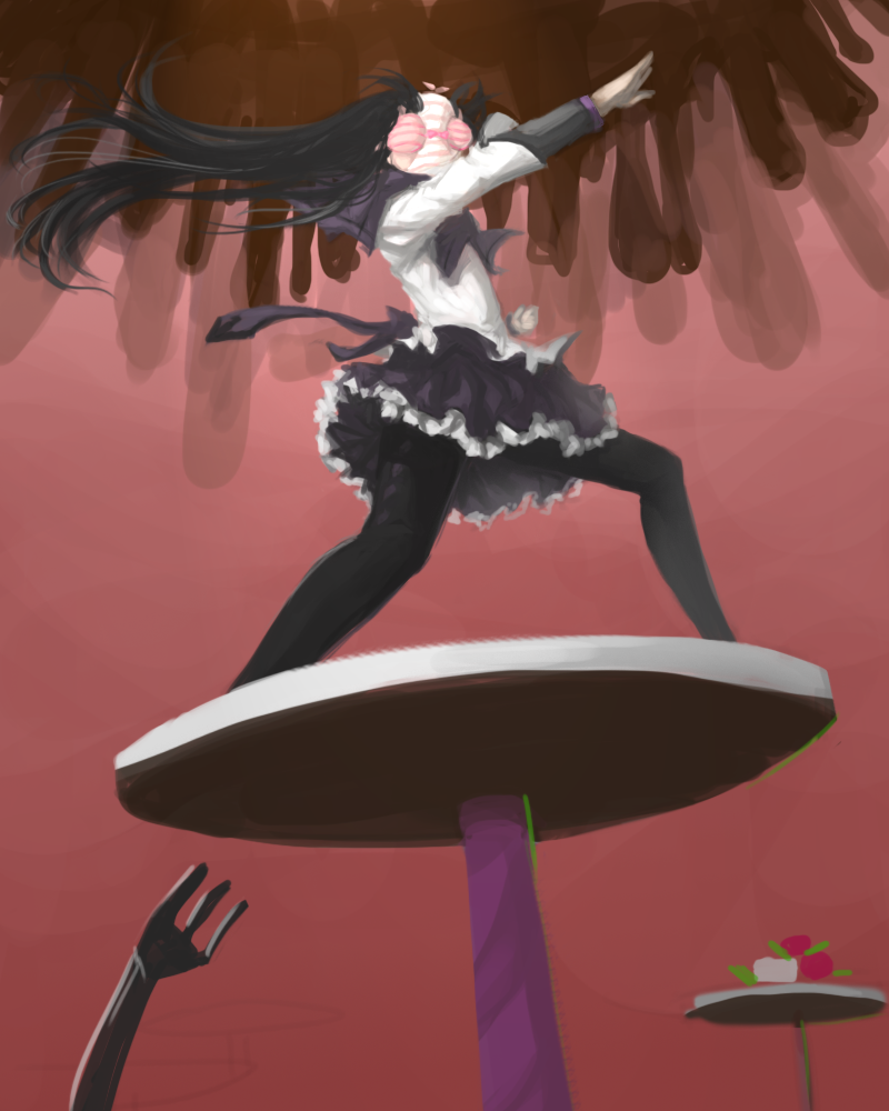 akemi_homura black_hair blackrabbitsoul bra bra_on_head female fork hentai_kamen kamen_rider lingerie long_hair magical_girl mahou_shoujo_madoka_magica object_on_head outstretched_arm panties panties_on_head pantyhose parody pose solo standing table underwear witch's_labyrinth witch's_labyrinth