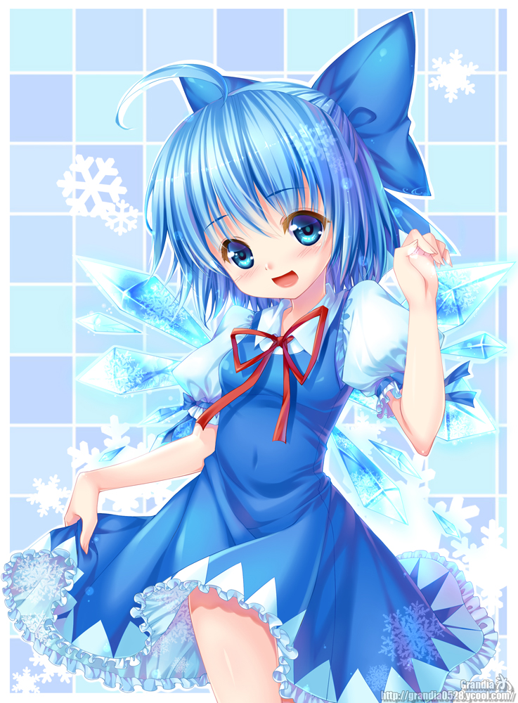 :d ahoge artist_name blue_eyes blue_hair cirno dress grandia_(artist) ice ice_wings open_mouth outline ribbon smile solo touhou watermark web_address wings