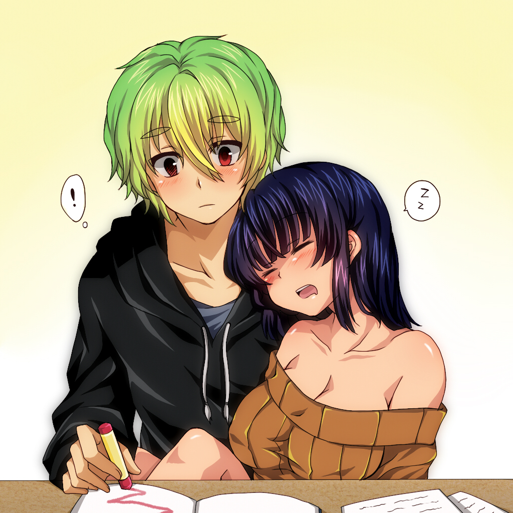 1boy 1girl bare_shoulders black_hair blush book breasts cleavage closed_eyes couple crayon drooling eyes_closed green_hair hetero hoodie jinguu_shion leaning_on_person looking_at_another natsu_hotaru open_mouth original paper red_eyes ribbed_sweater short_hair simple_background sleeping sweater table z