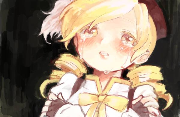 blonde_hair bow drill_hair fingerless_gloves gloves hat mahou_shoujo_madoka_magica no+bi= solo tears tomoe_mami twin_drills twintails yellow_eyes