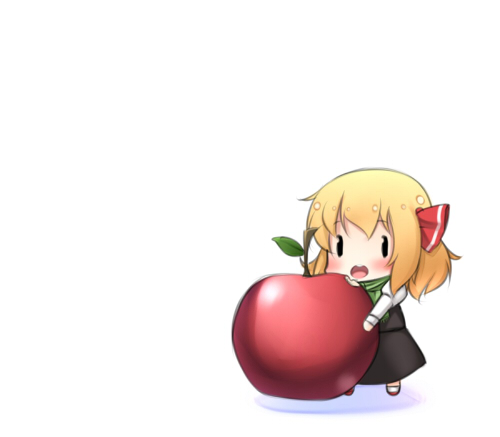 ._. 1girl apple blonde_hair chibi food fruit holding lowres minigirl nakamura_kusata open_mouth rumia scarf solid_oval_eyes solo touhou white_background youkai