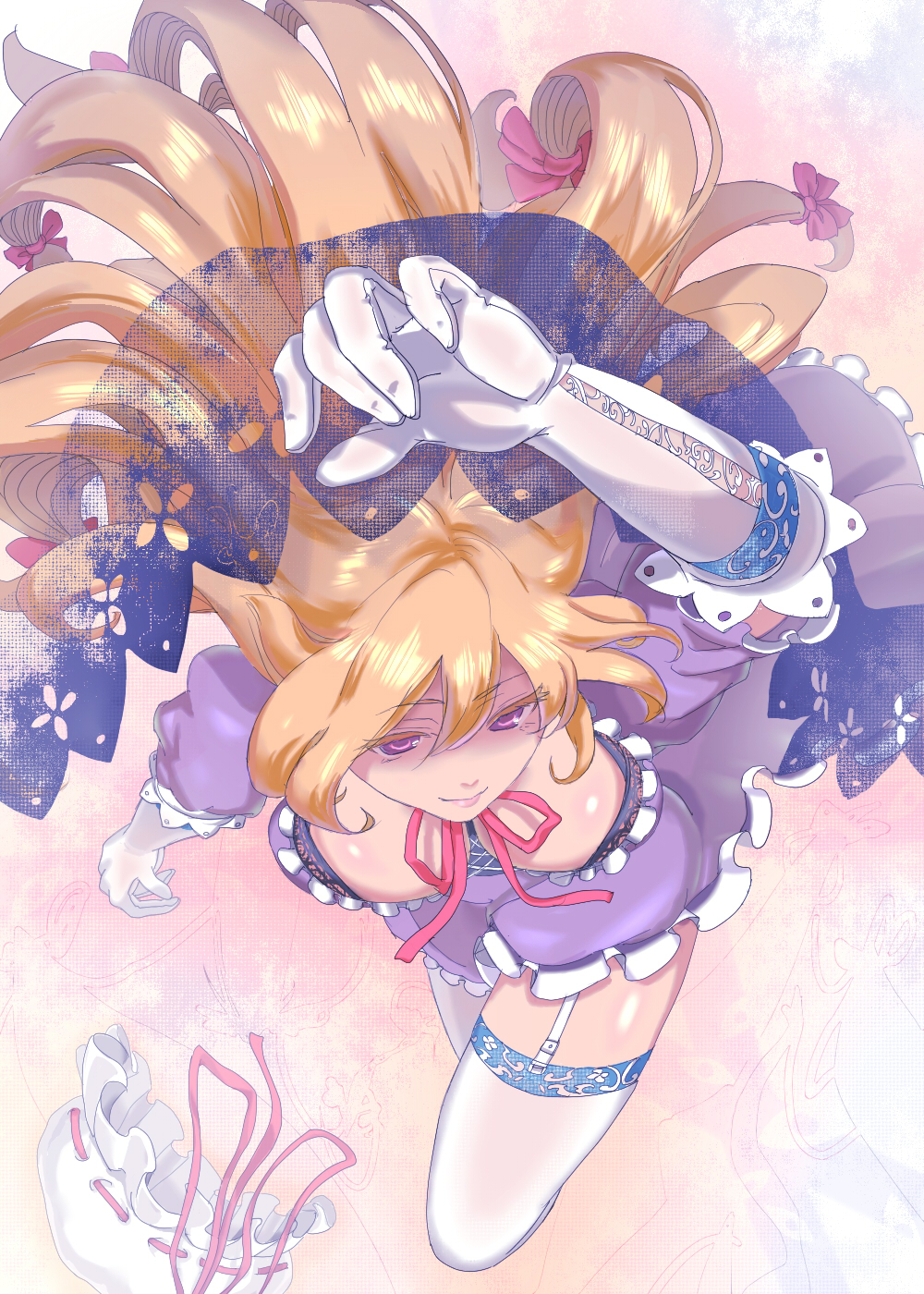 blonde_hair bow breasts elbow_gloves from_above garter_straps gloves hair_bow hat hat_removed headwear_removed highres long_hair miso_ni purple_eyes ribbon smile solo thigh-highs thighhighs touhou violet_eyes white_legwear yakumo_yukari