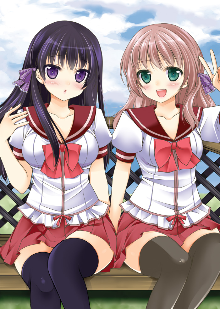 :o aqua_eyes black_legwear blush breasts cloud clouds grey_legwear looking_at_viewer multiple_girls open_mouth original pink_hair purple_eyes purple_hair sakura_hanatsumi school_uniform sitting sky smile thigh-highs thighhighs v violet_eyes