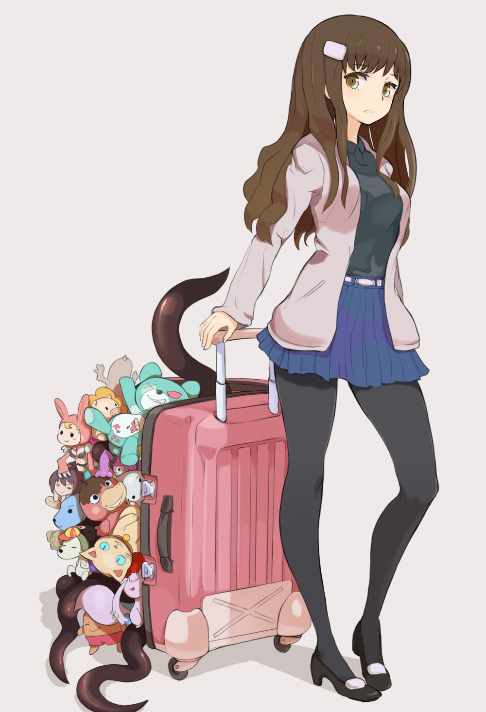 black_legwear brown_hair fashion hair_ornament hairclip high_heels highres jacket legs long_hair original pantyhose parted_lips pleated_skirt rolling_suitcase shoes simple_background skirt solo stuffed_animal stuffed_toy suitcase tarayama yellow_eyes